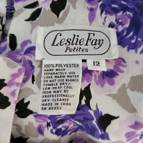 Vintage Leslie Fay Floral Blouson Pleated Dress 12 Petite Purple Secretary Belt - Picture 8 of 8